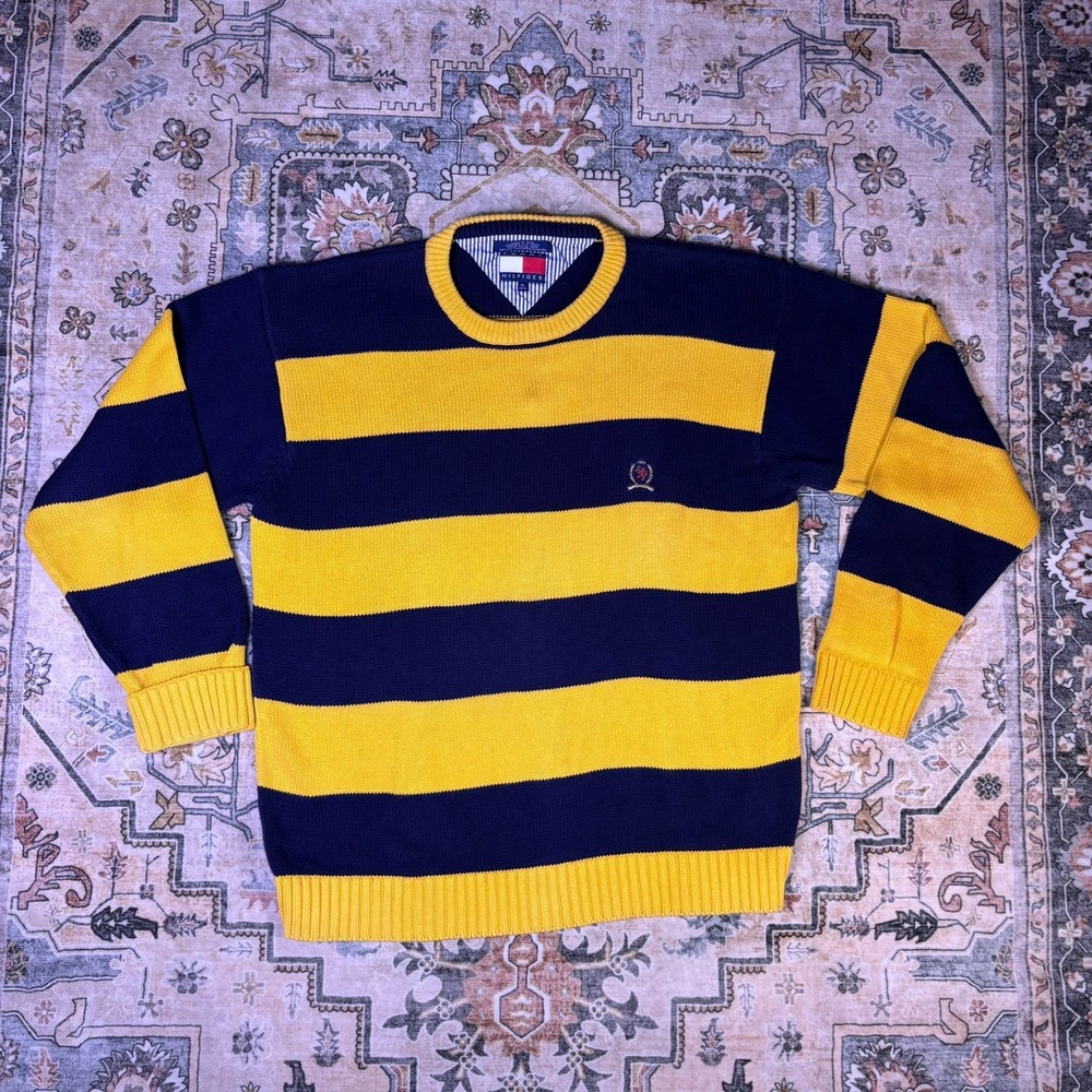 Tommy Hilfiger Mens XL Striped Cotton Knit Crewneck Sweater Navy Crest Cotton
